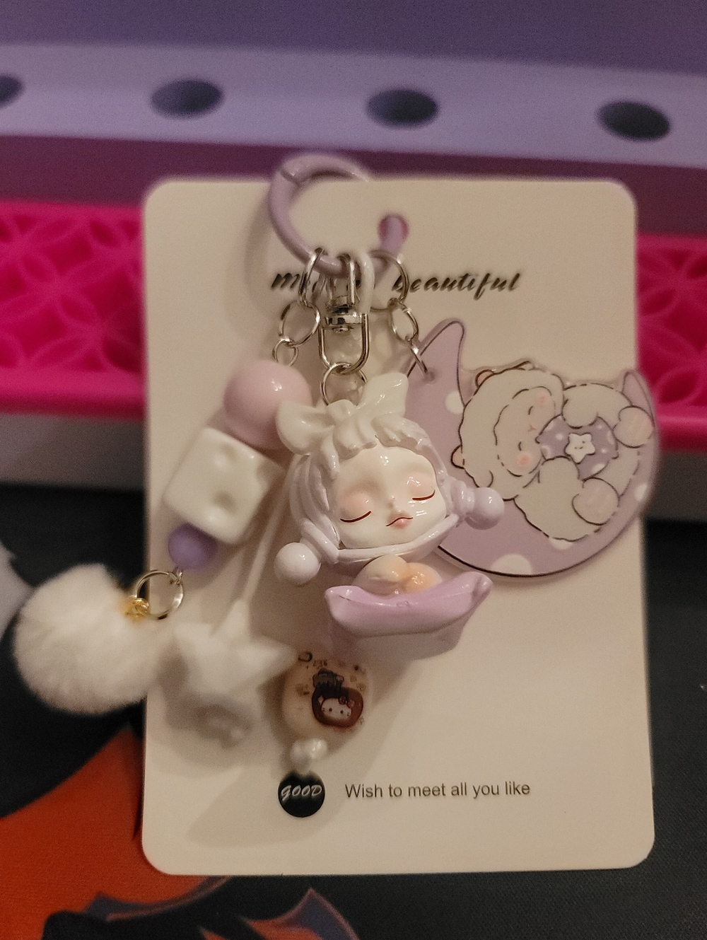 NWT- Cusrom Skull Panda Themed Cute Lavender Sleeping Girl Keychain Charm - Picture 3 of 6
